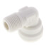 White plastic 90-degree elbow connector with 1/4" OD threads on perpendicular ends.