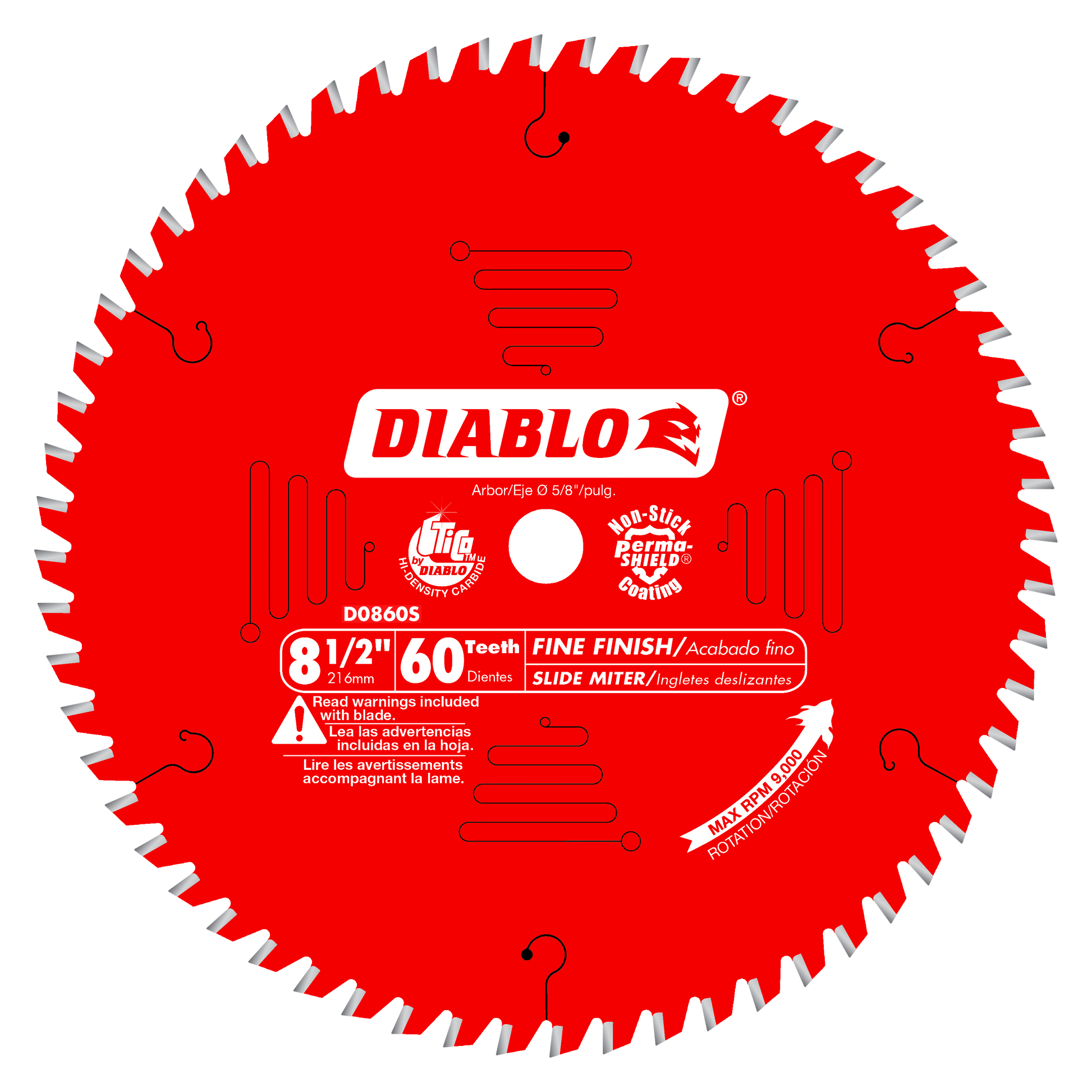 Diablo red circular saw blade with 60 teeth, white center arbor hole, and printed specifications on face.