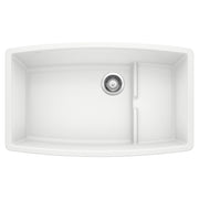 White undermount kitchen sink with two compartments, chrome drain strainer, and divider, shown from above.