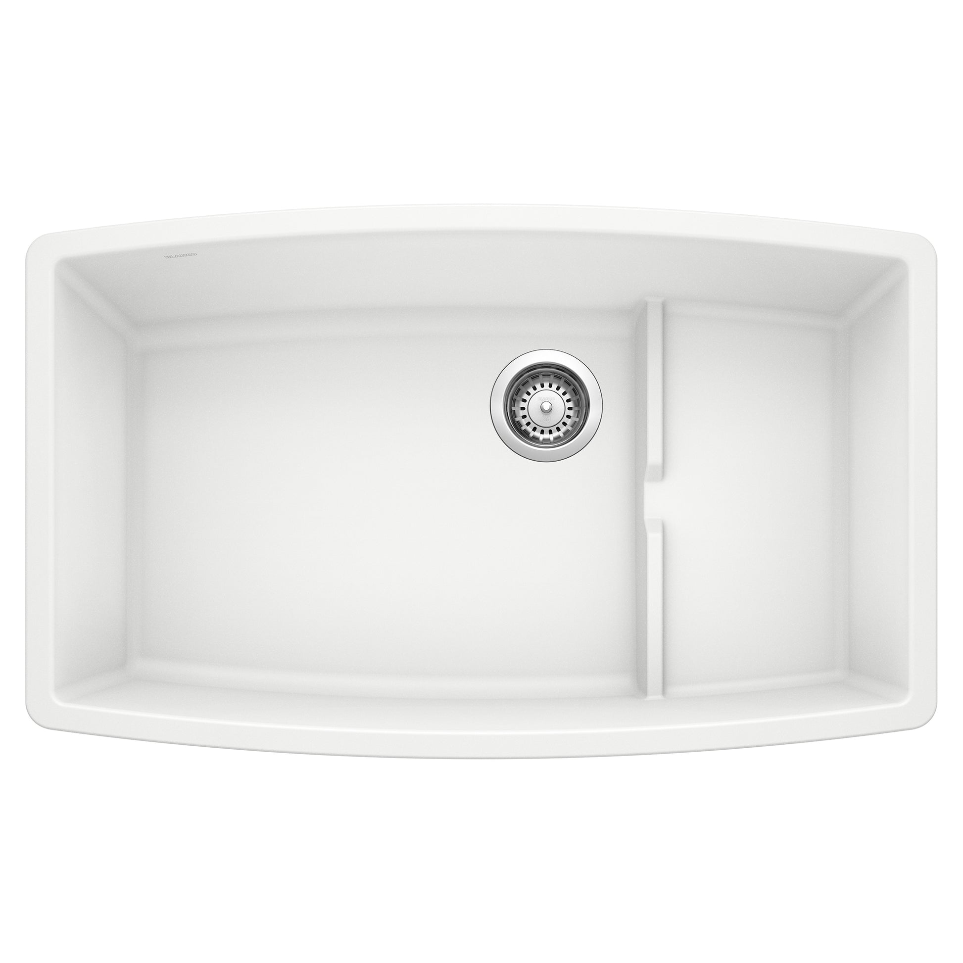 White undermount kitchen sink with two compartments, chrome drain strainer, and divider, shown from above.