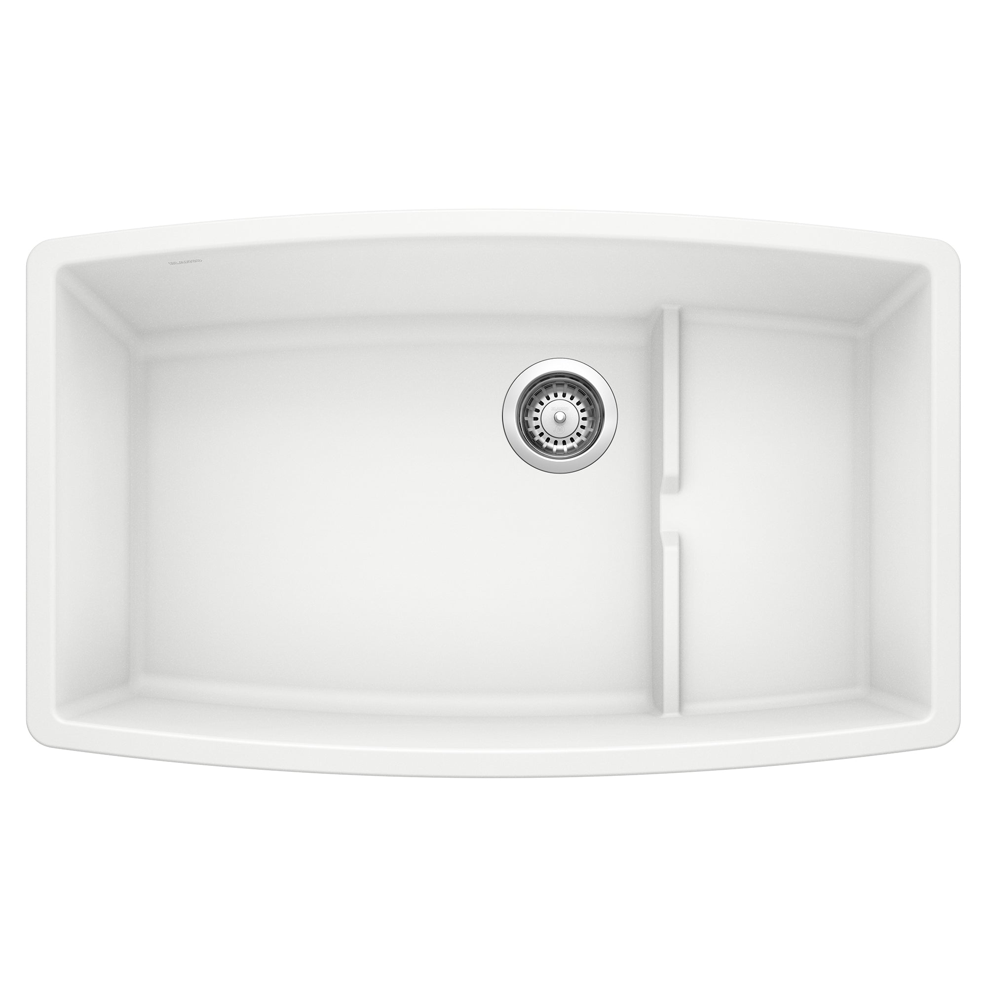 White undermount kitchen sink with two compartments, chrome drain strainer, and divider, shown from above.
