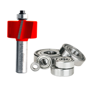 Freud rabbeting bit with red cutting head, metal shaft, and assorted ball bearings displayed separately.