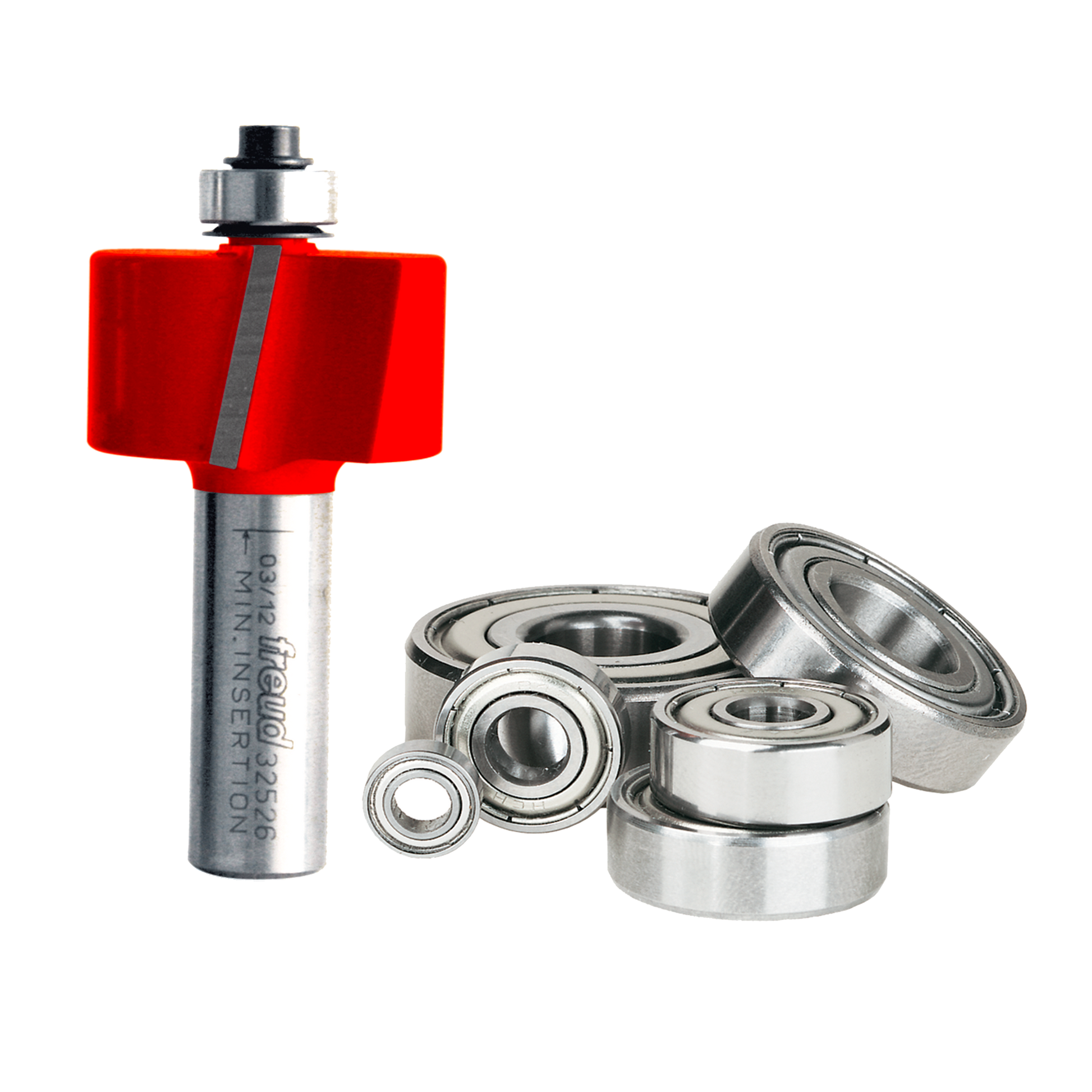 Freud rabbeting bit with red cutting head, metal shaft, and assorted ball bearings displayed separately.