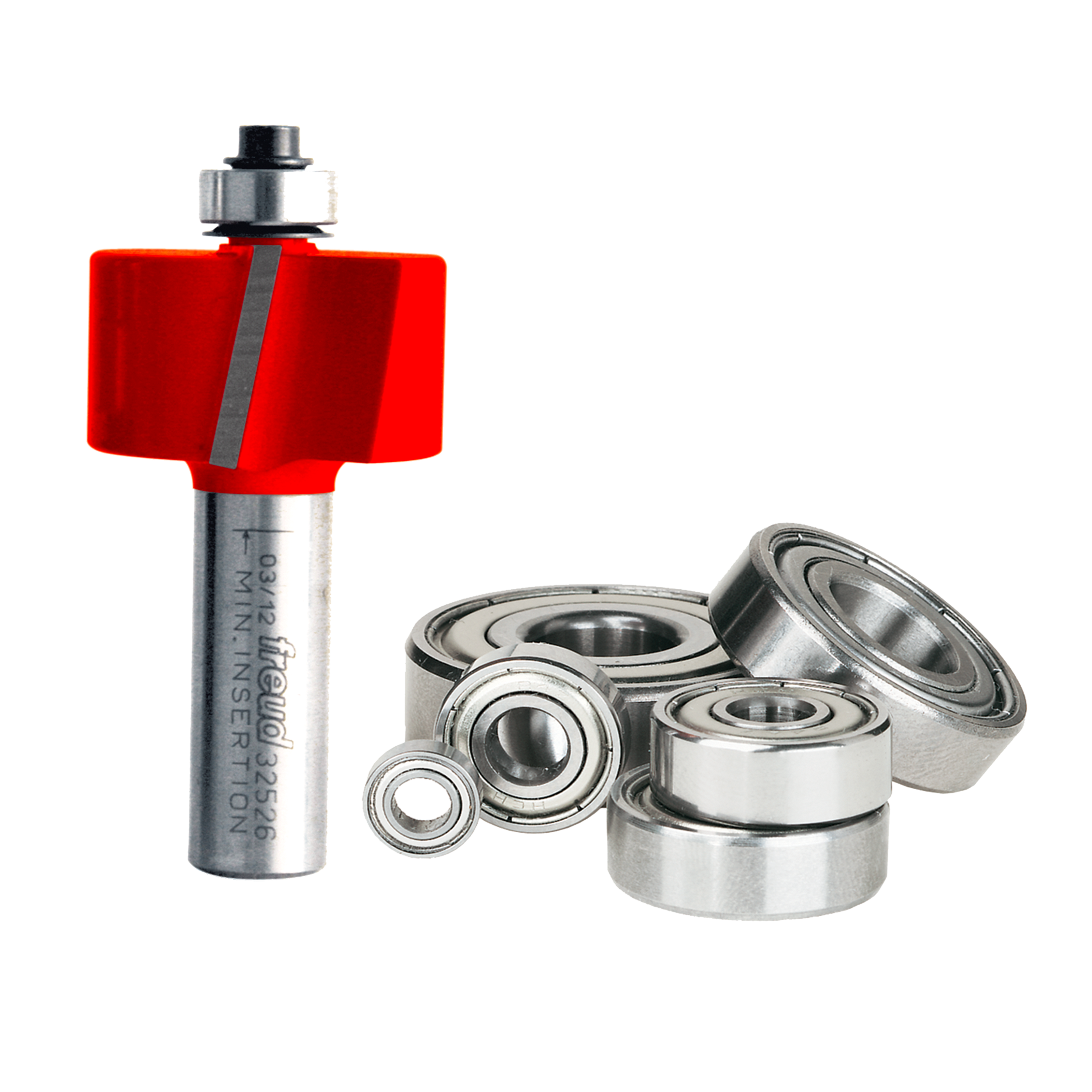 Freud rabbeting bit with red cutting head, metal shaft, and assorted ball bearings displayed separately.
