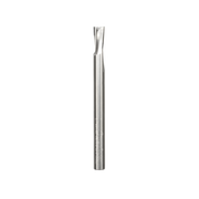 Silver spiral router bit with cylindrical shank and cutting flutes at the tip.
