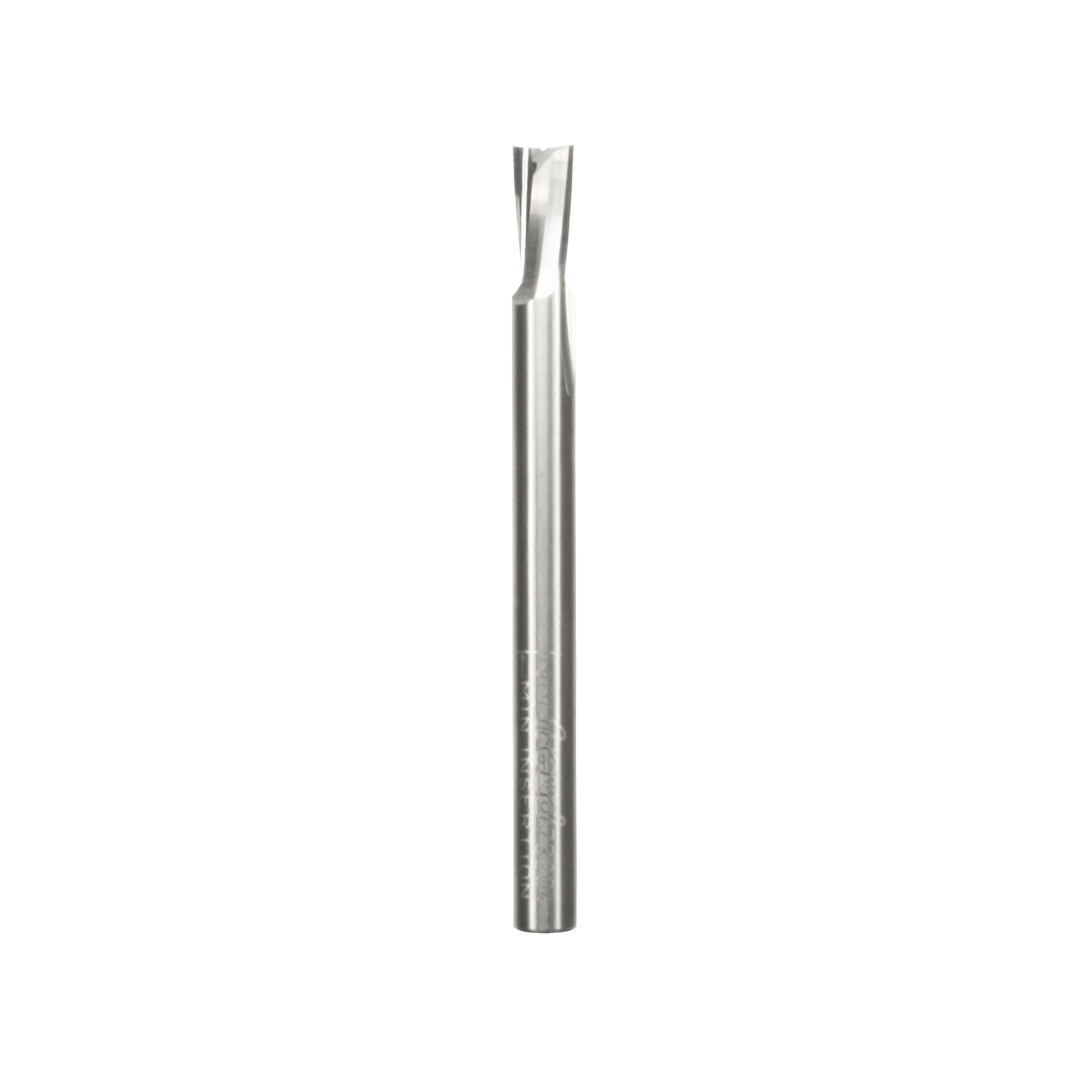 Silver spiral router bit with cylindrical shank and cutting flutes at the tip.