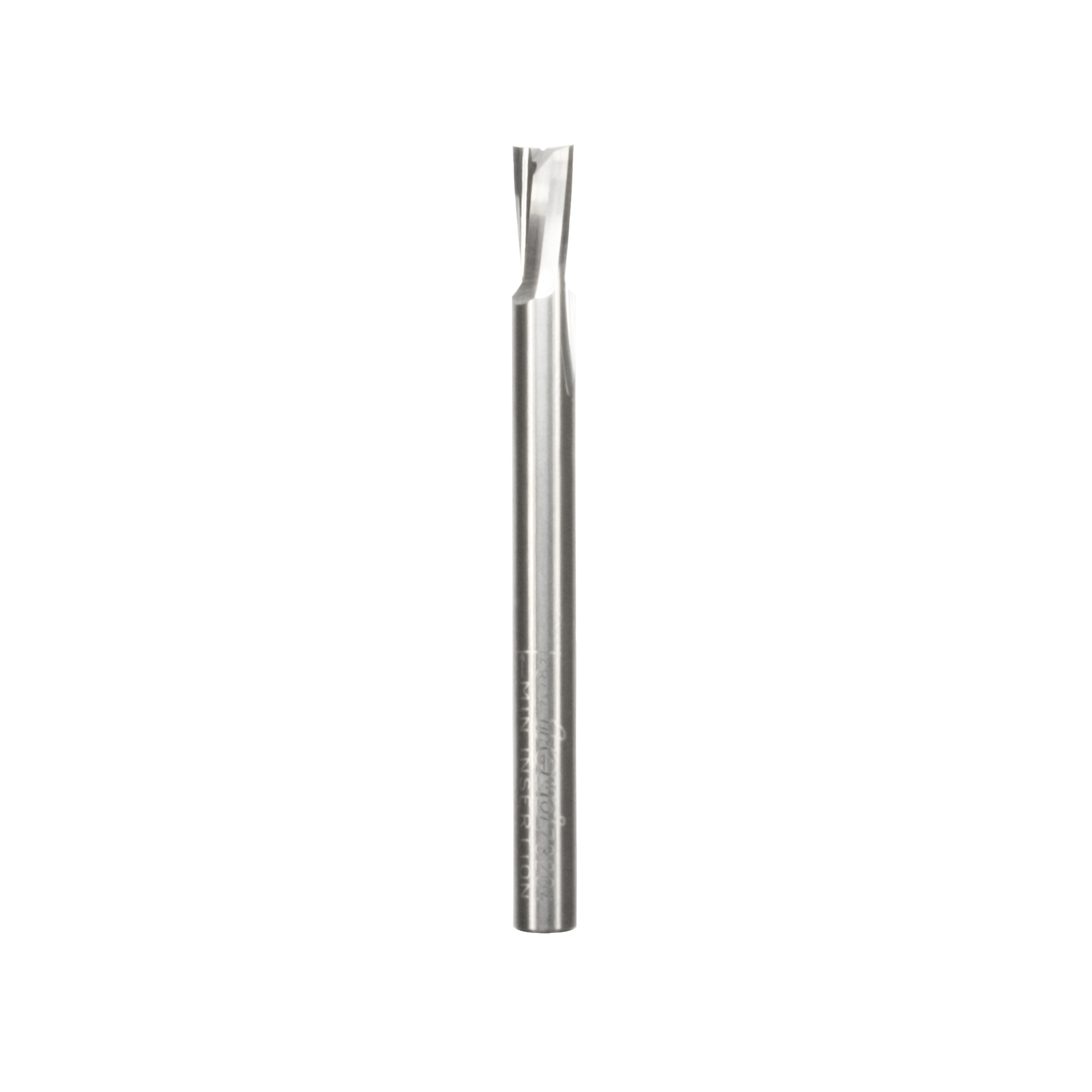 Silver spiral router bit with cylindrical shank and cutting flutes at the tip.