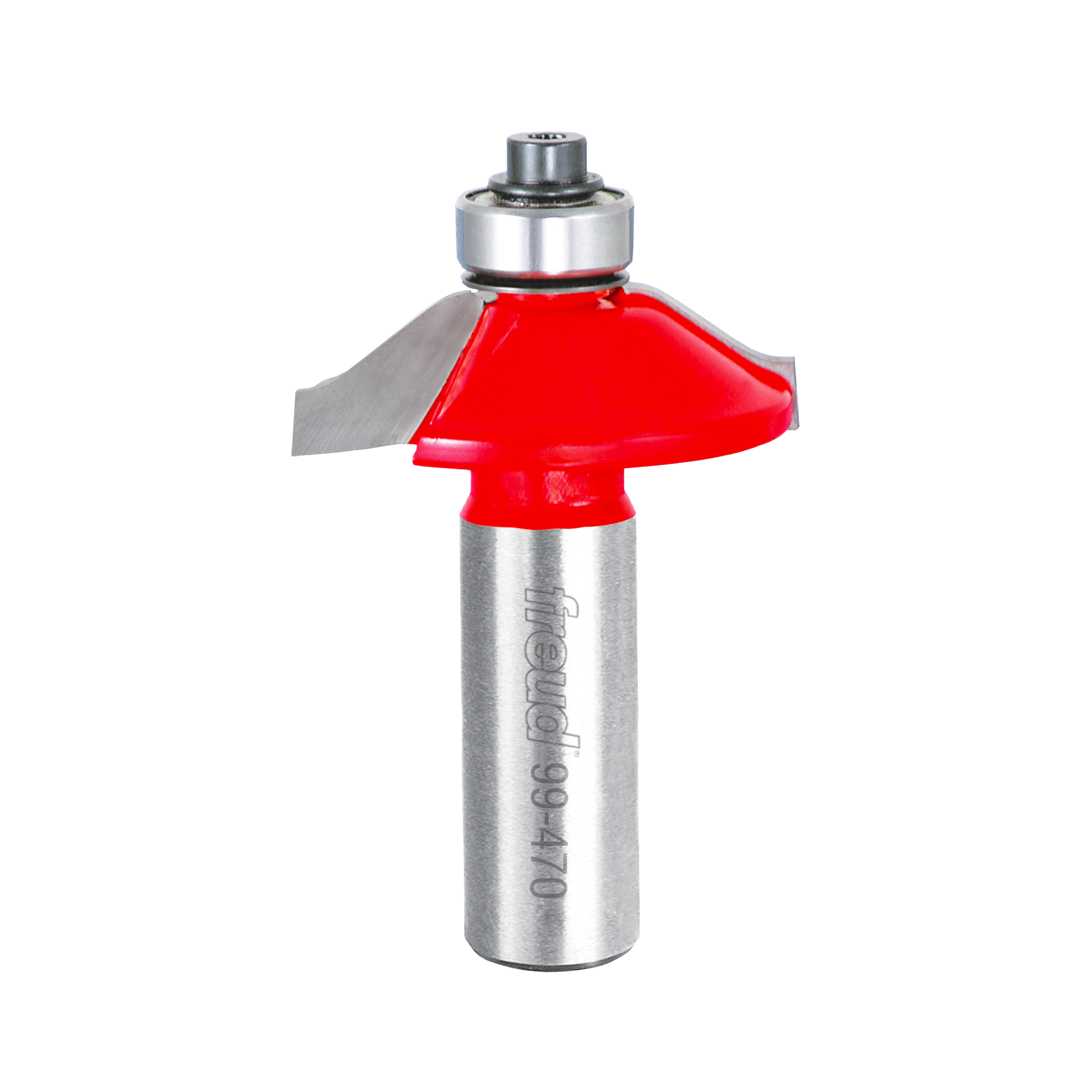 Freud router bit with red cutting head and silver metal shank, featuring reversible wainscoting profile design.