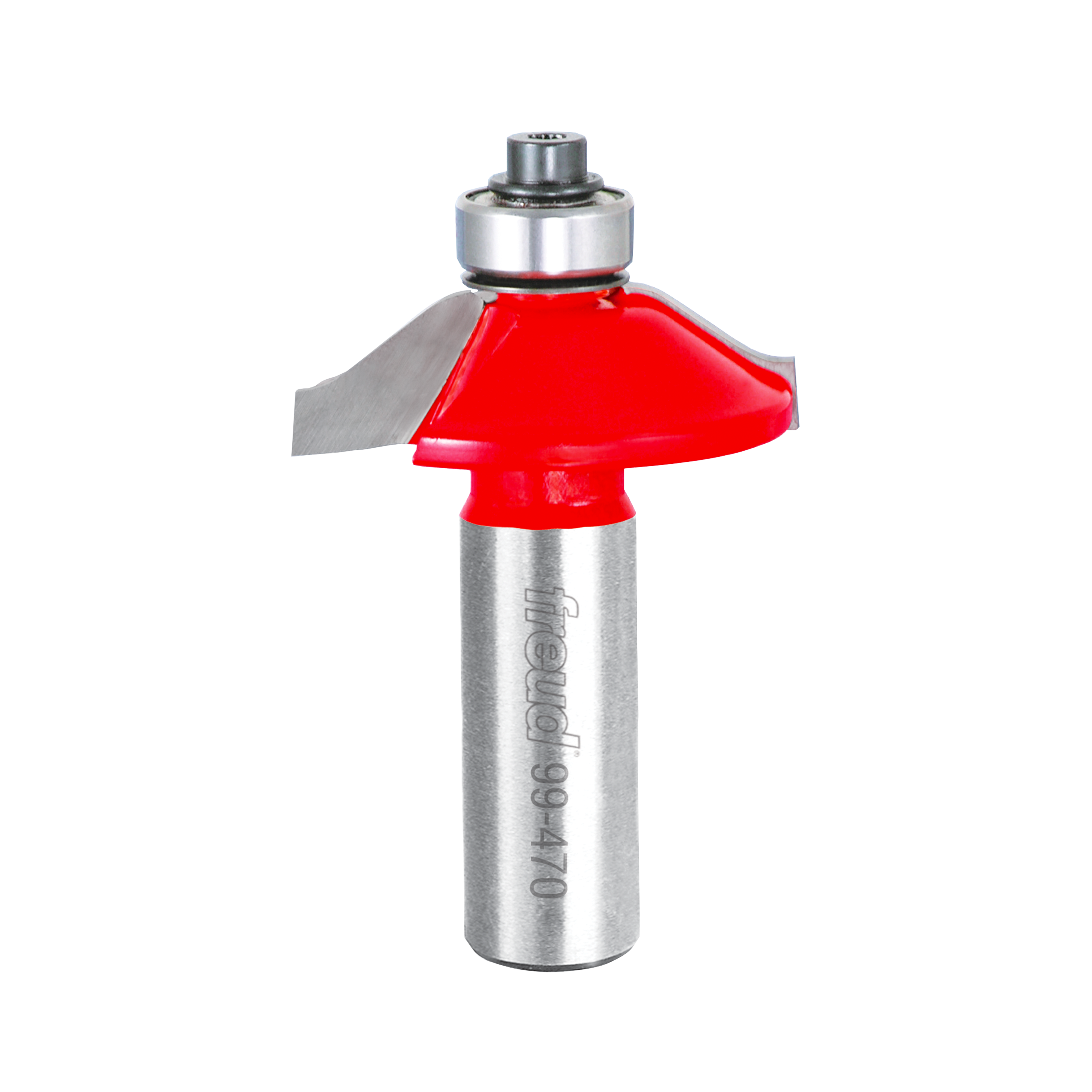 Freud router bit with red cutting head and silver metal shank, featuring reversible wainscoting profile design.