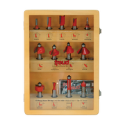 Wooden case containing 13 Freud router bits with red cutting heads and metal shanks arranged in compartments.