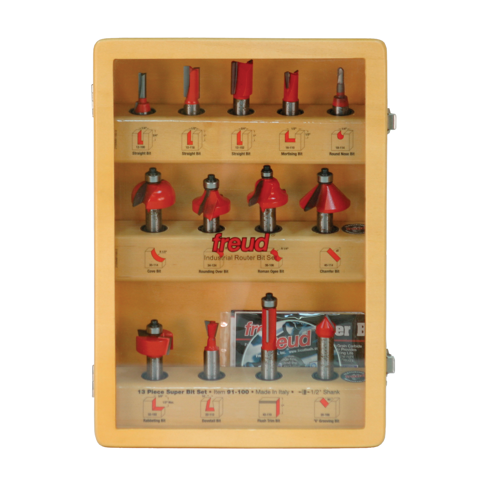 Wooden case containing 13 Freud router bits with red cutting heads and metal shanks arranged in compartments.