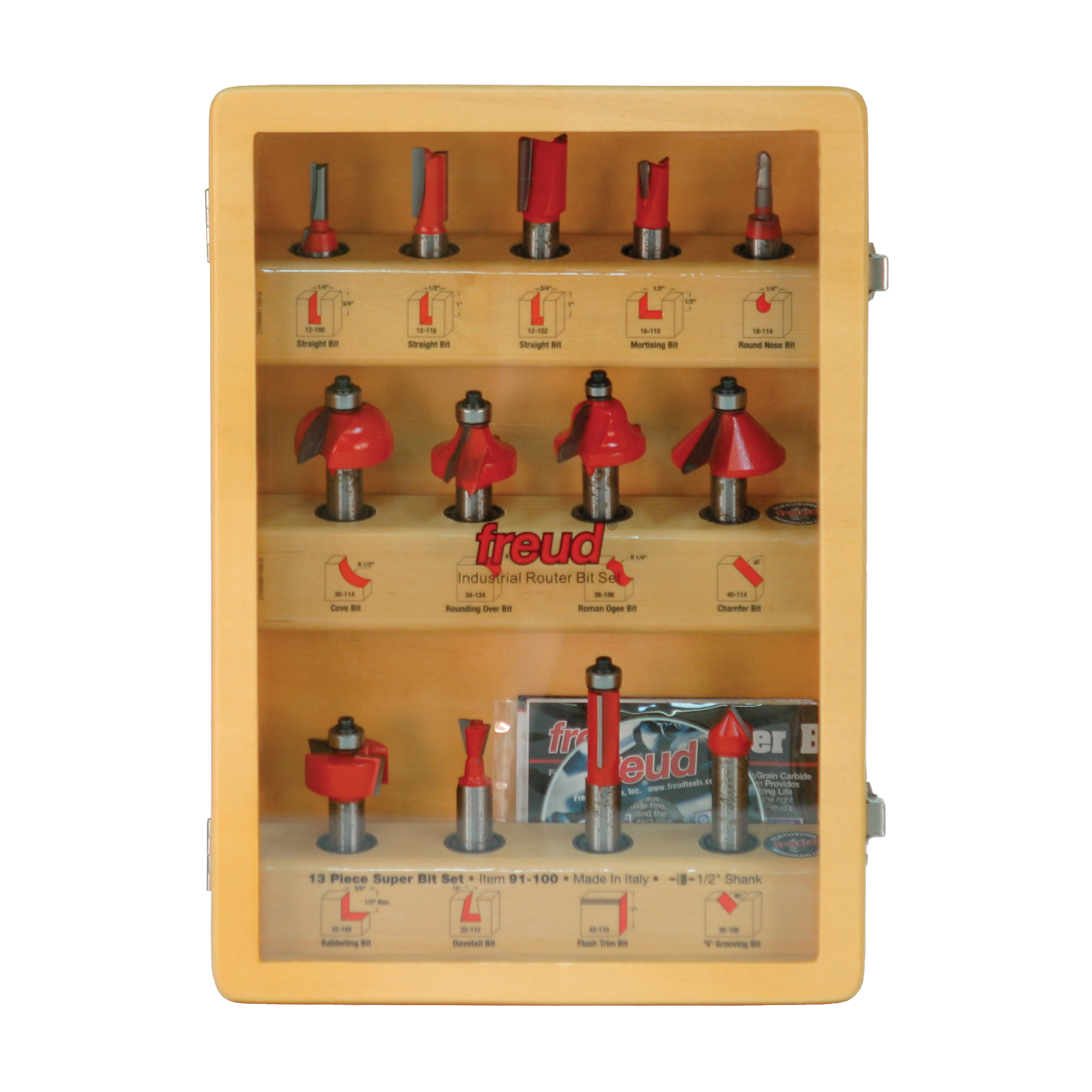 Wooden case containing 13 Freud router bits with red cutting heads and metal shanks arranged in compartments.