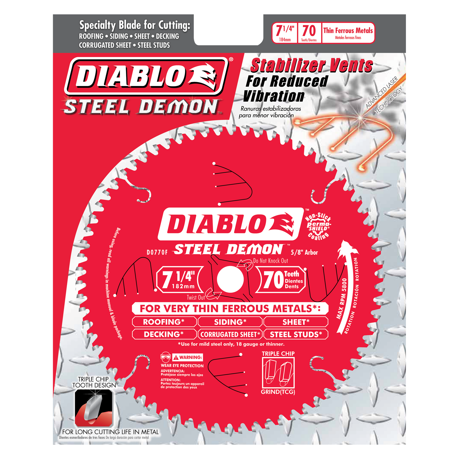 Diablo Steel Demon 7-1/4 in. carbide-tipped saw blade with 70 teeth and stabilizer vents for metal cutting.
