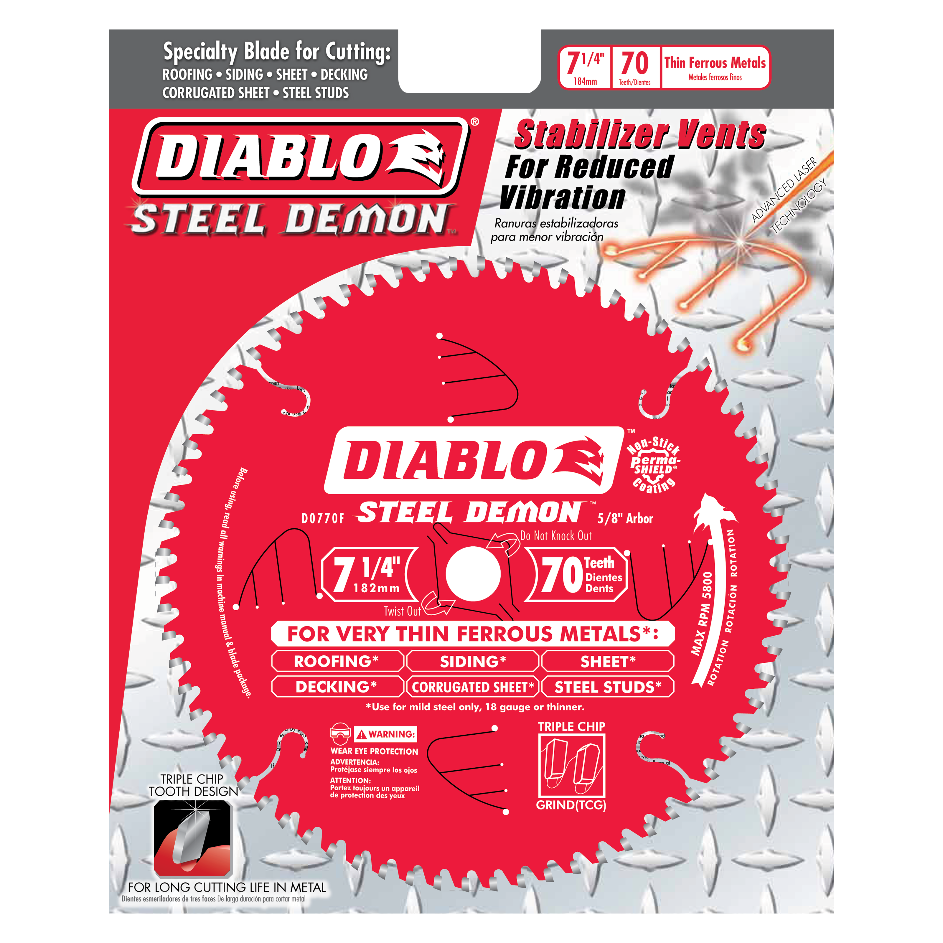 Diablo Steel Demon 7-1/4 in. carbide-tipped saw blade with 70 teeth and stabilizer vents for metal cutting.