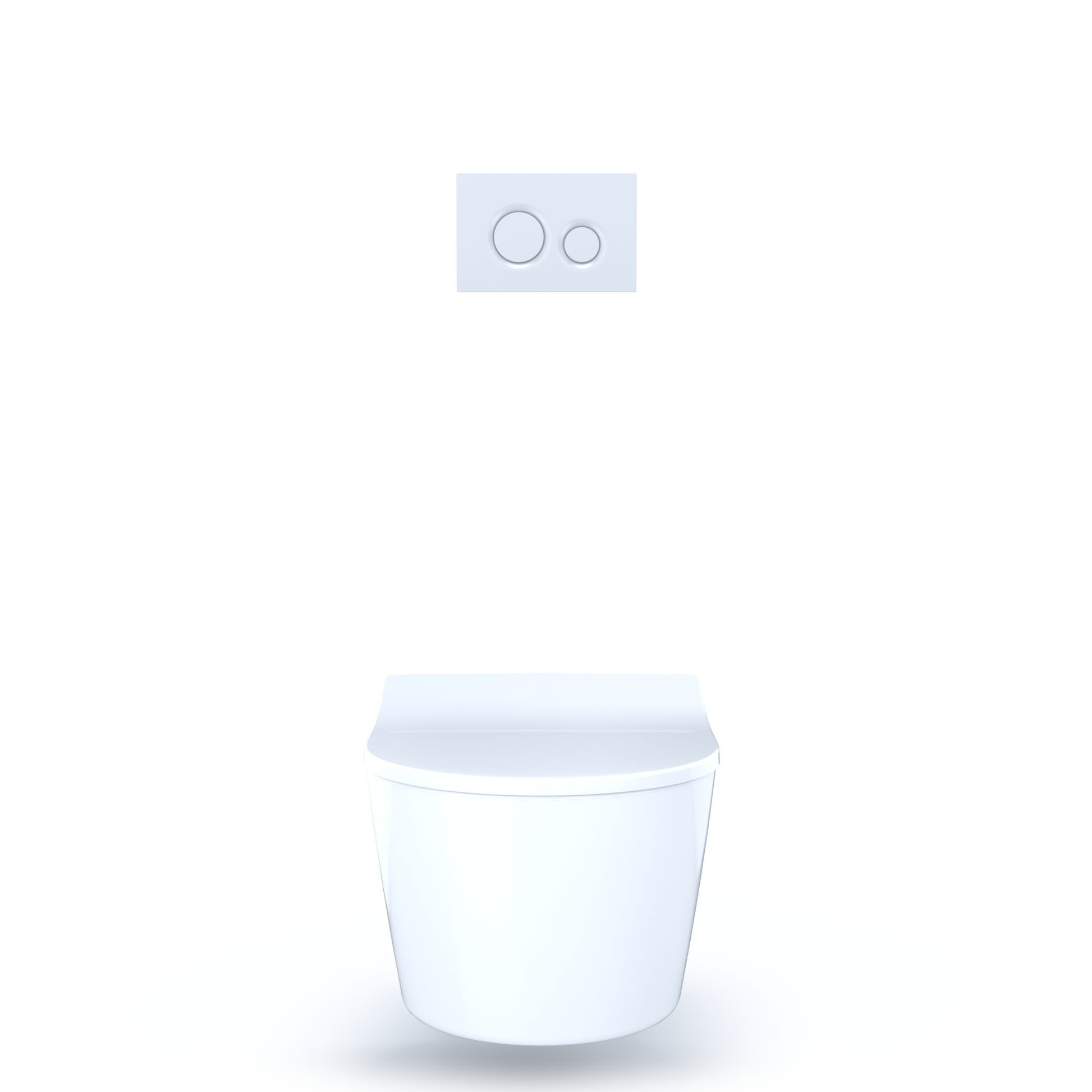 White ceramic in-wall toilet tank with dual-flush control panel featuring two buttons.