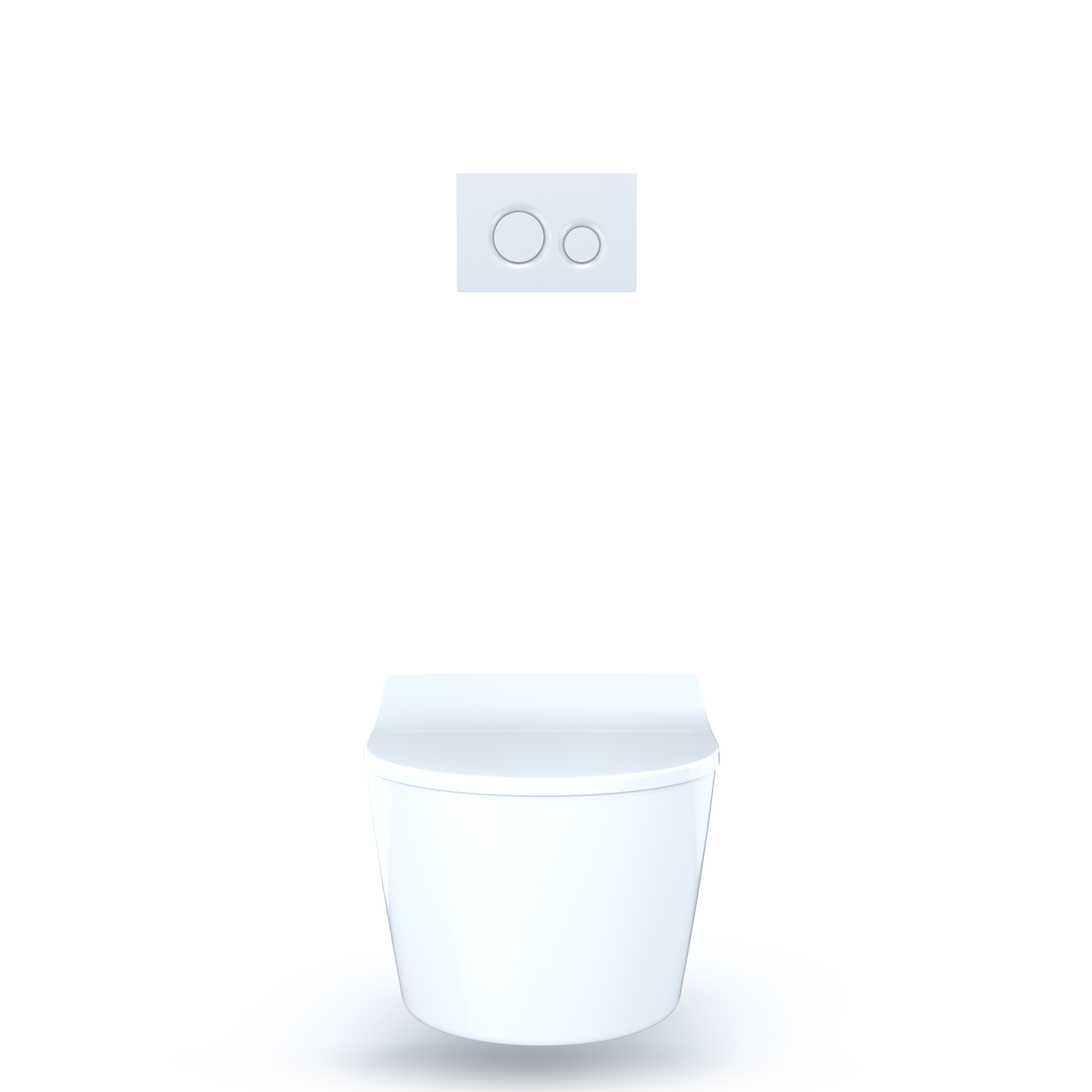 White ceramic in-wall toilet tank with dual-flush control panel featuring two buttons.