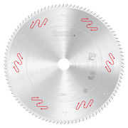 Freud 255mm carbide-tipped circular saw blade with silver coating and red vibration-reduction slots around the edge.