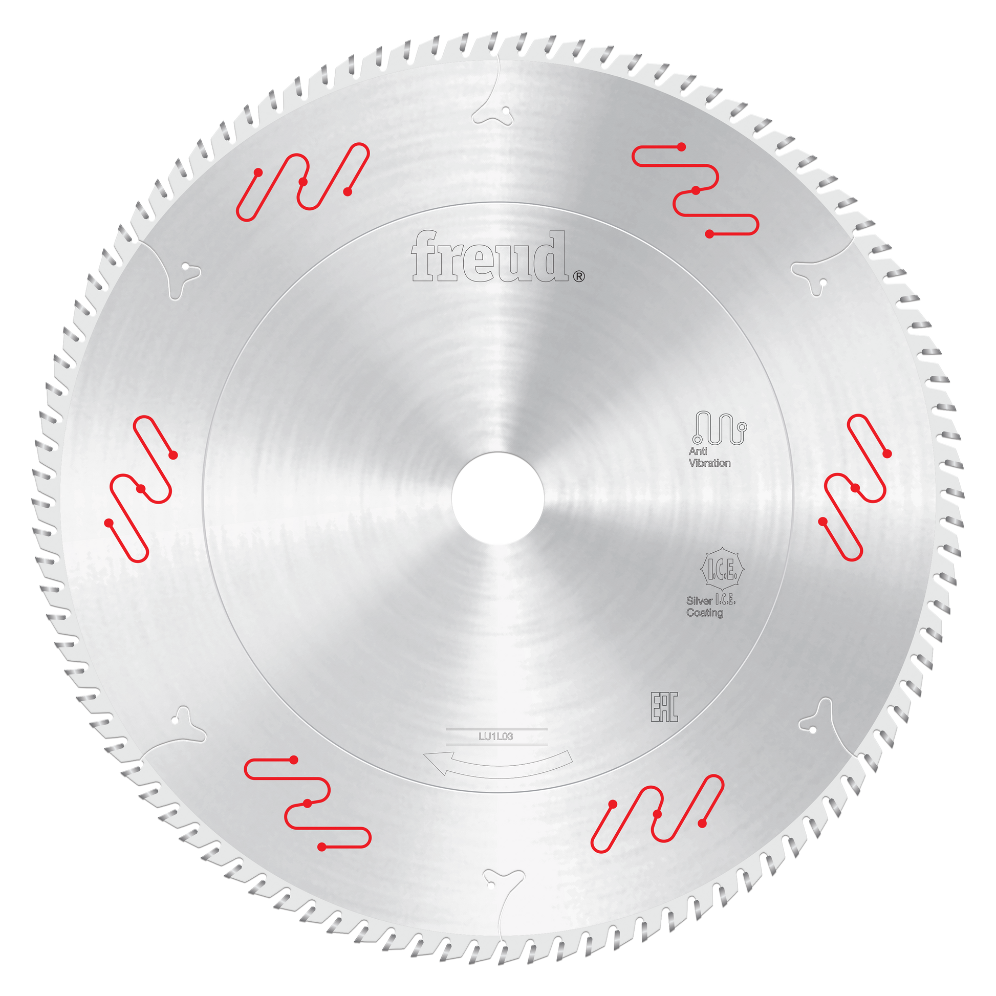 Freud 255mm carbide-tipped circular saw blade with silver coating and red vibration-reduction slots around the edge.