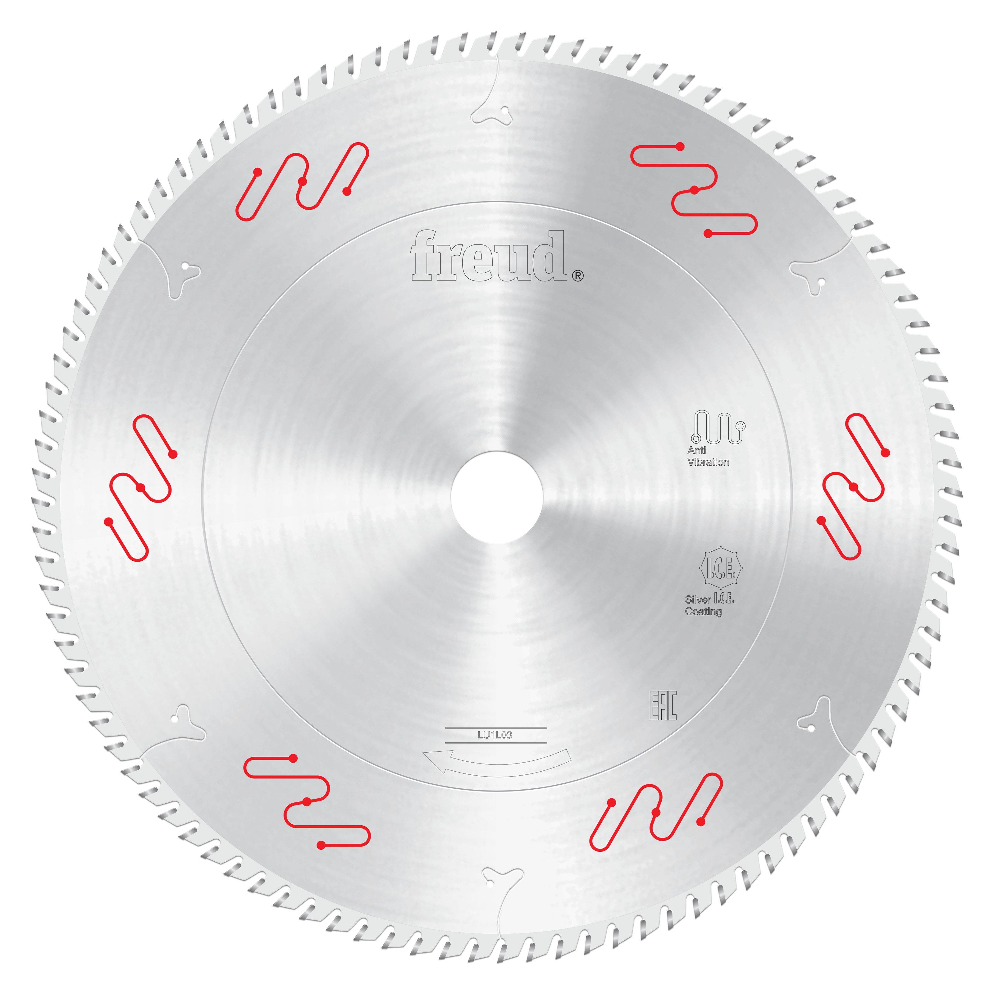 Freud 255mm carbide-tipped circular saw blade with silver coating and red vibration-reduction slots around the edge.