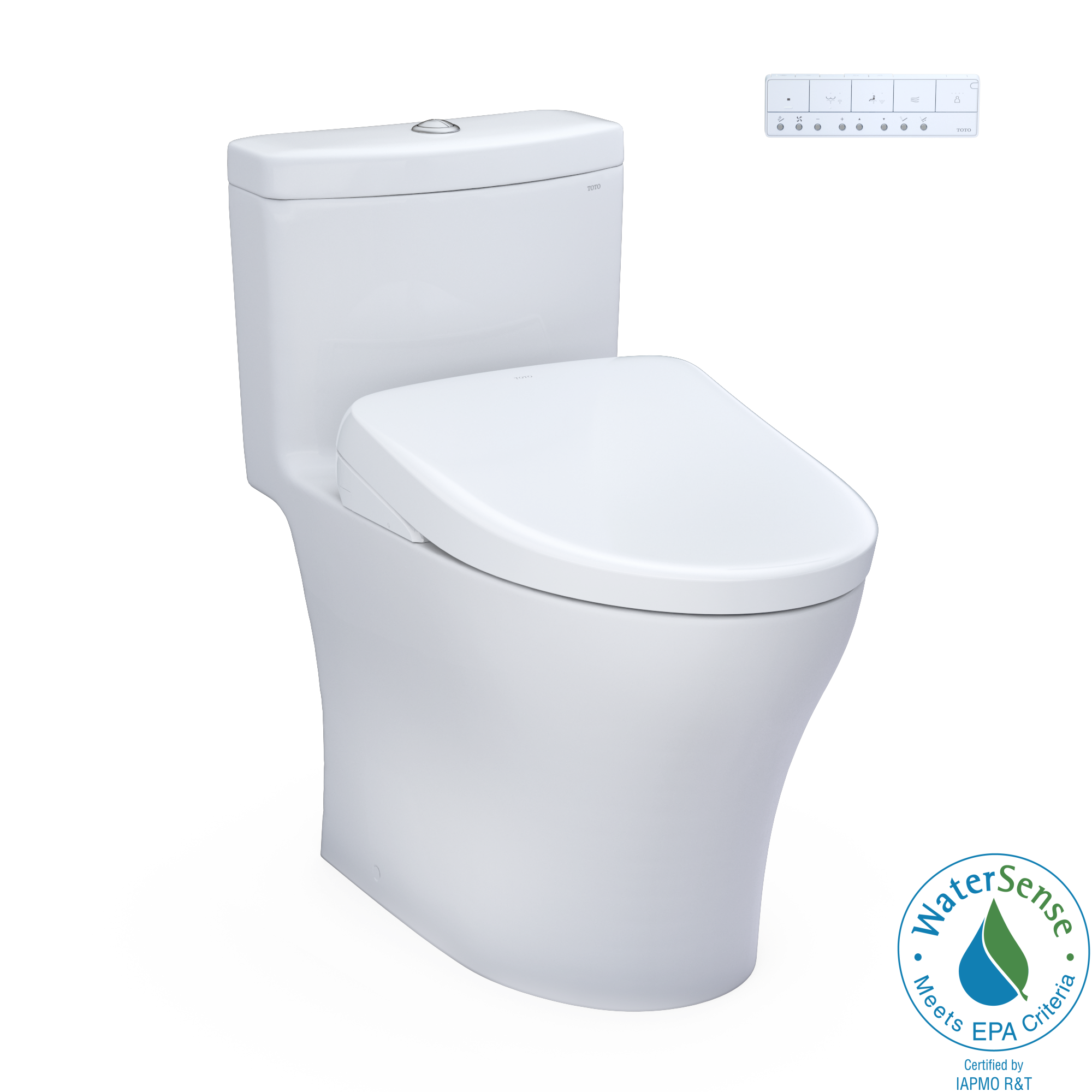 Toto Aquia IV One Piece Elongated Universal Height Toilet with CEFIONTECT Dual Flush 0.9 and 1.28 GPF with Contemporary Washlet+ S7 Bidet Seat in Cotton White