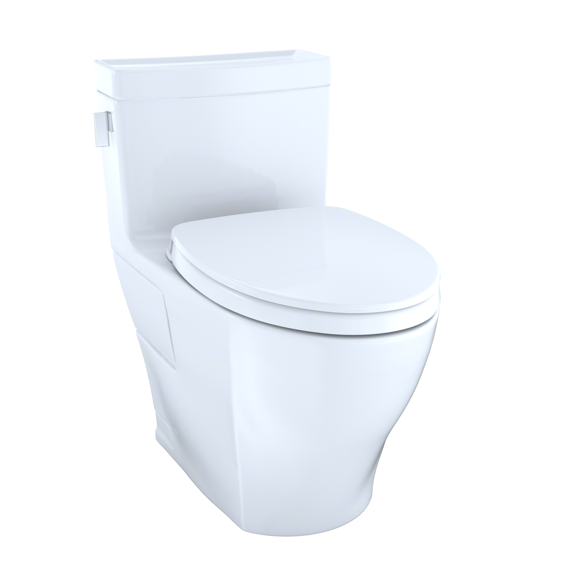 White one-piece elongated toilet with soft-close seat and integrated tank.