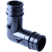 Blue PPSU PEX elbow connector with F1960 grip rings and two open ends at 90-degree angle.