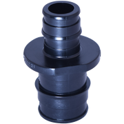 Blue plastic PEX reducing coupling with barbed connectors for 1/2" and 3/4" tubing.