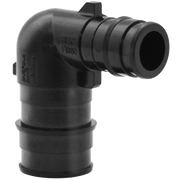 Black PEX reducing elbow connector with 1/2" and 3/4" ports at 90-degree angle.