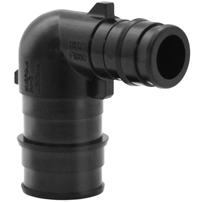 Black PEX reducing elbow connector with 1/2" and 3/4" ports at 90-degree angle.