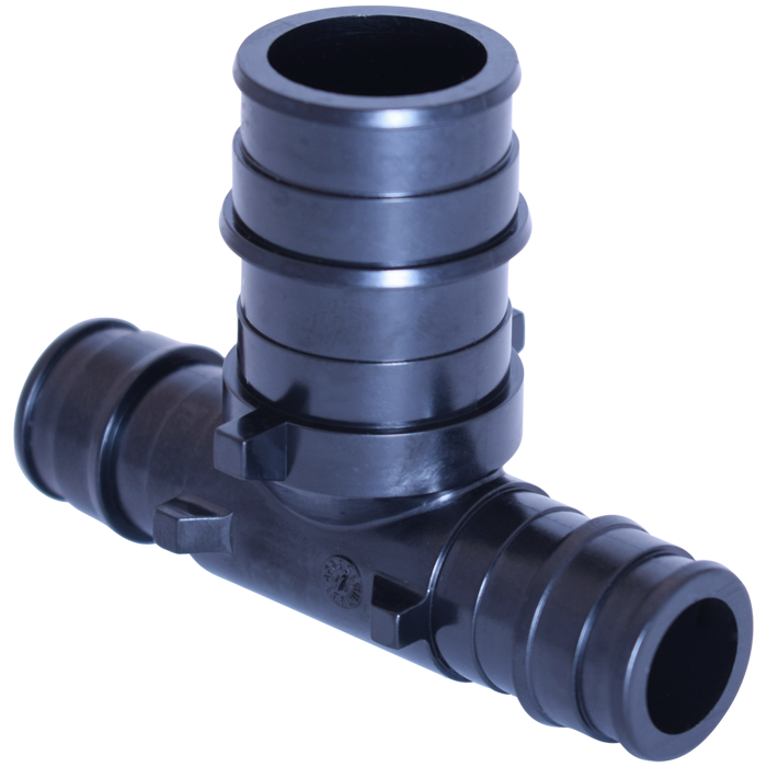 Gray PEX reducing tee fitting with three connection ports in different sizes.