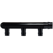 Black polyphenylsulfone 3-port closed multi-port tee with PEX connection ports and main horizontal outlet.
