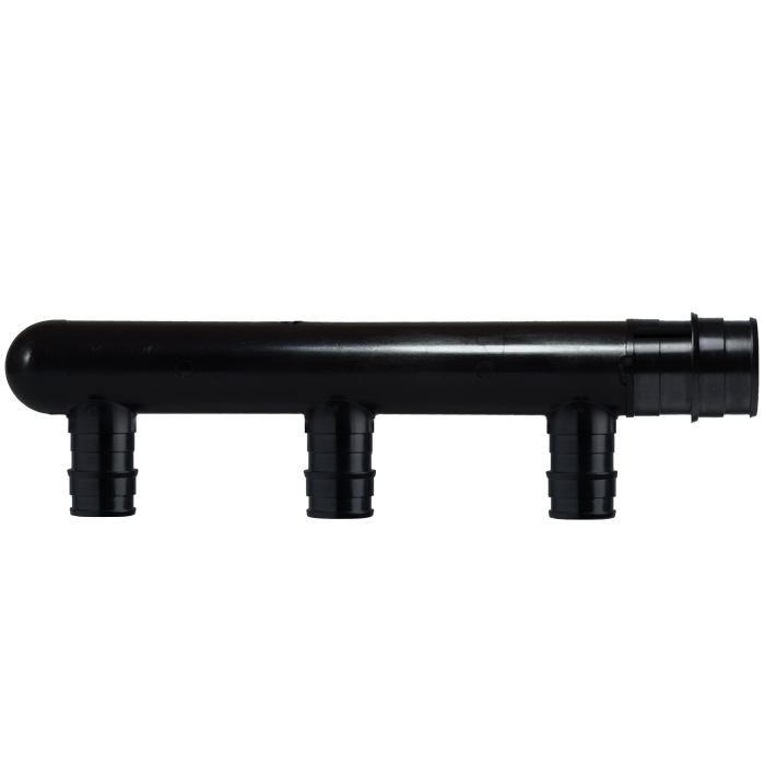 Black polyphenylsulfone 3-port closed multi-port tee with PEX connection ports and main horizontal outlet.