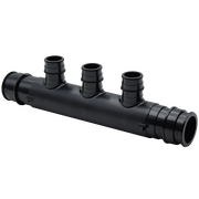 Black PEX multi-port tee fitting with one inlet port and three branch outlets for water distribution systems.