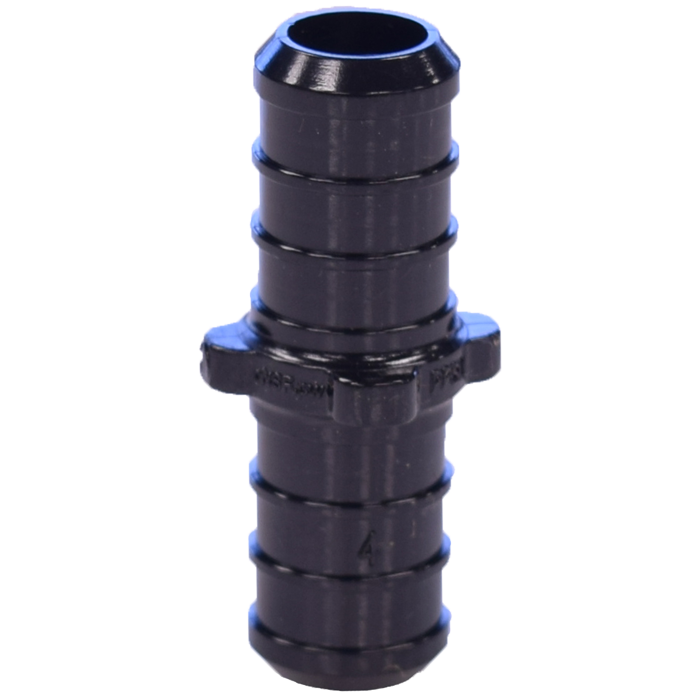 Black plastic PEX coupling fitting with blue crimp rings and center collar for 1 inch tubing connection.