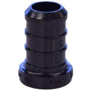 Black plastic pipe plug with blue collar ring and ridged body for 1 inch pipe connection.