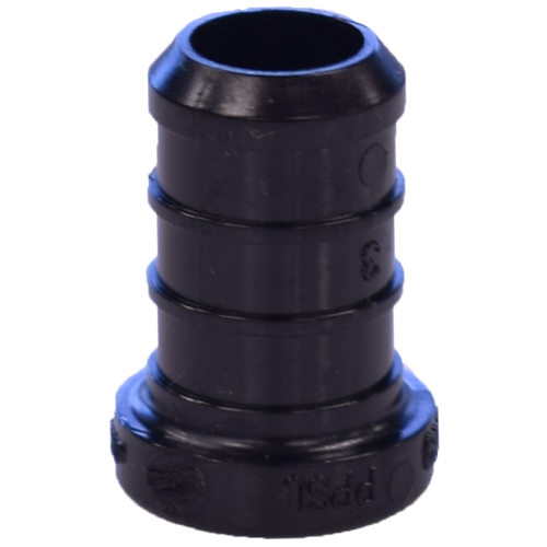 Black plastic pipe plug with blue collar rings and ribbed barrel design for 1-inch pipe connection.