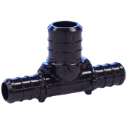 Black plastic PEX reducing tee fitting with three barbed connectors and blue crimp ring attachments.