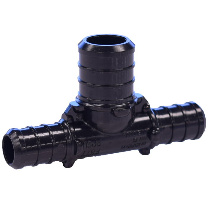 Black plastic PEX reducing tee fitting with three barbed connection ports and blue crimp rings.