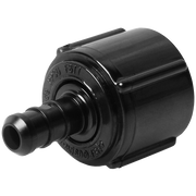 Black plastic PEX adapter fitting with 1/2" barbed inlet and female NPT threaded outlet.