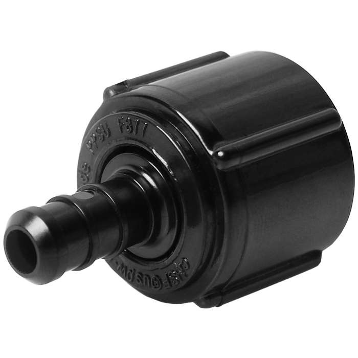 Black plastic PEX adapter fitting with 1/2" barbed inlet and female NPT threaded outlet.