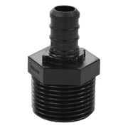 Black plastic PEX adapter fitting with barbed inlet on top and threaded male NPT connection on bottom.