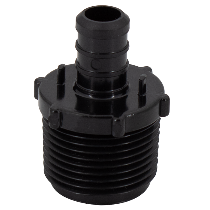 Black plastic PEX adapter with threaded male NPT connection and barbed PEX inlet on top.
