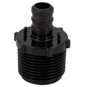 Black plastic PEX adapter fitting with threaded male NPT base and barbed connection port on top.