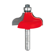 Red and gray ogee fillet router bit with metal shaft and bearing collar.