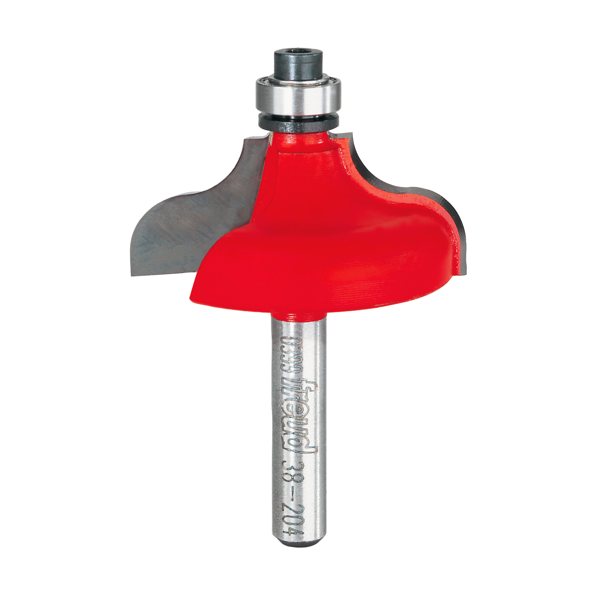 Red and gray ogee fillet router bit with metal shaft and bearing collar.
