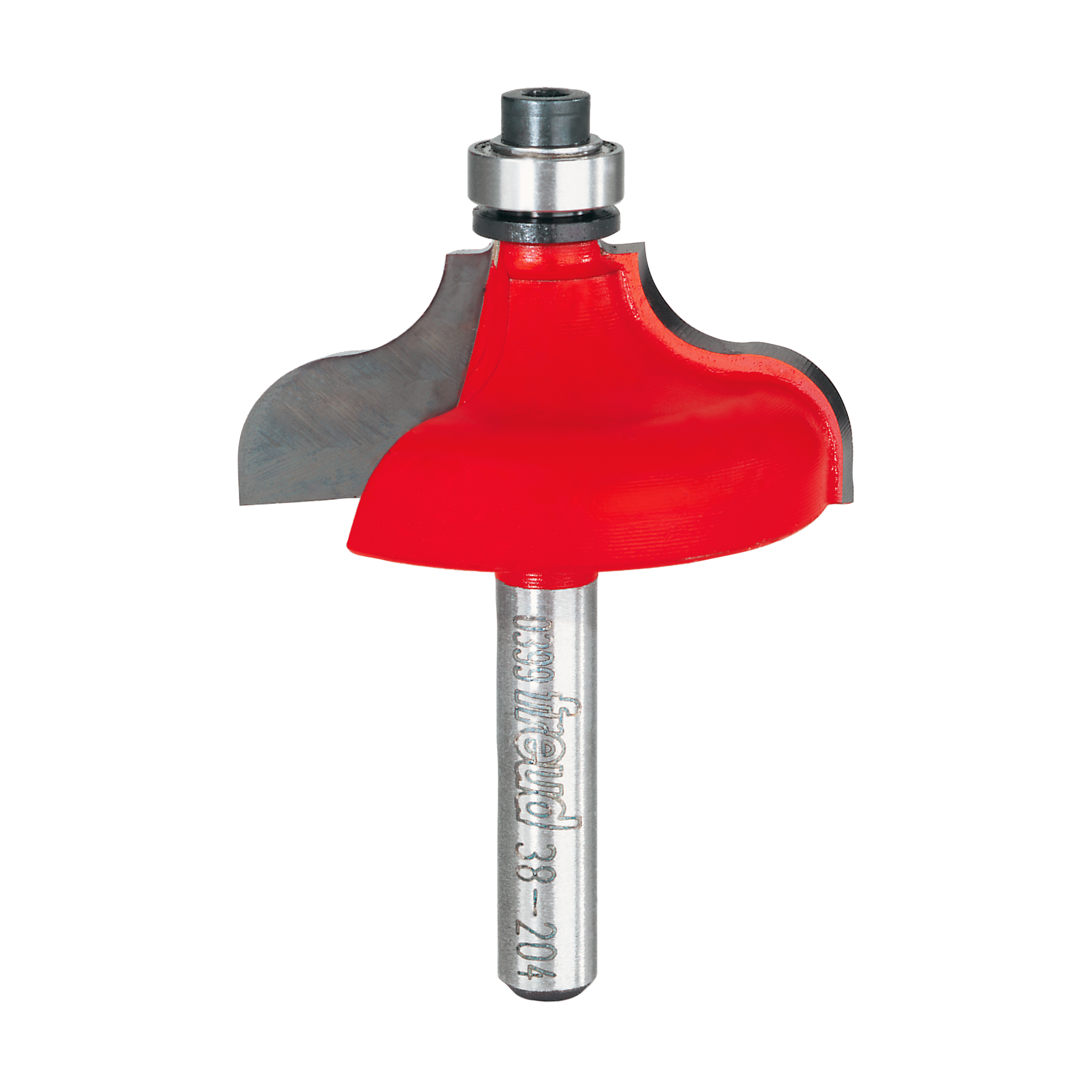 Red and gray ogee fillet router bit with metal shaft and bearing collar.