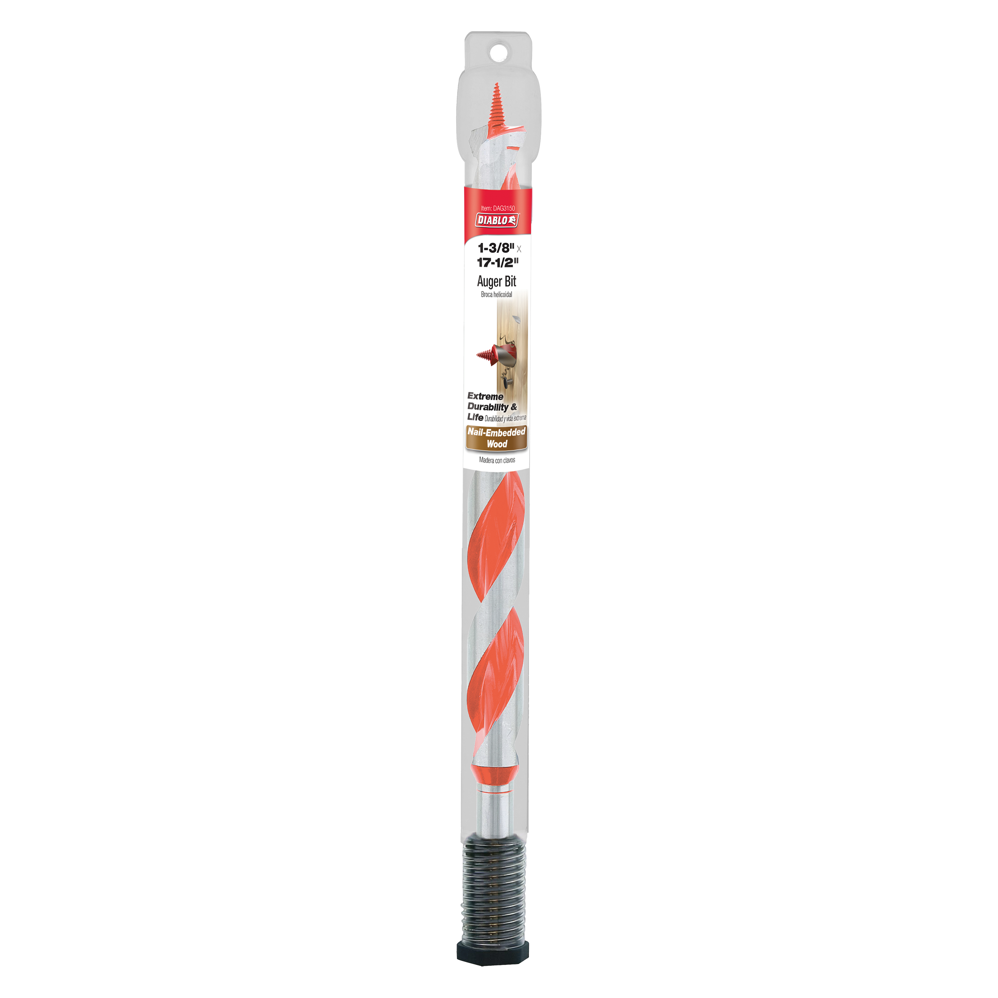 Diablo auger bit with red cutting edges and gray shaft in clear packaging.