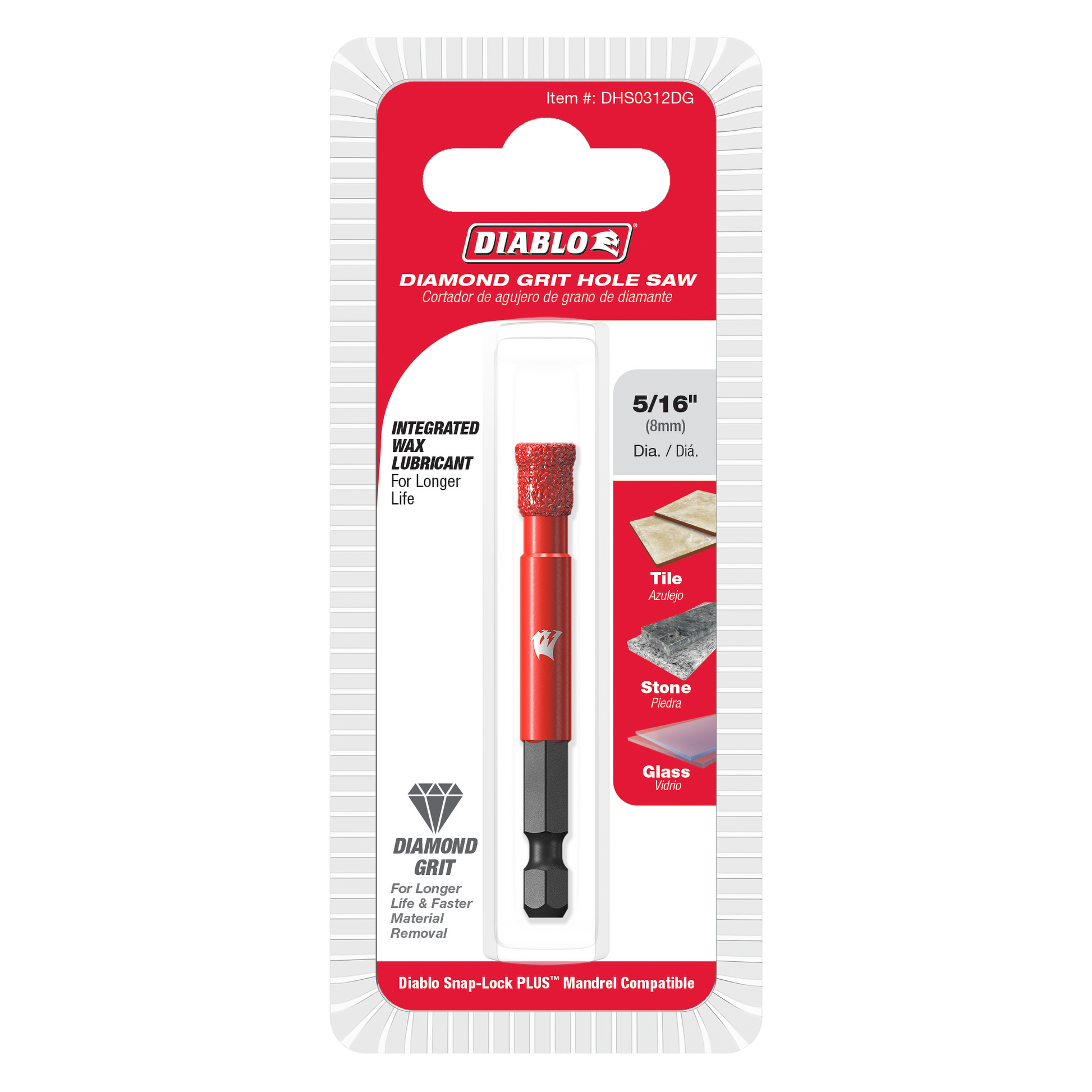 Red and black 5/16 inch diamond grit hole saw with integrated wax lubricant on blister card packaging.