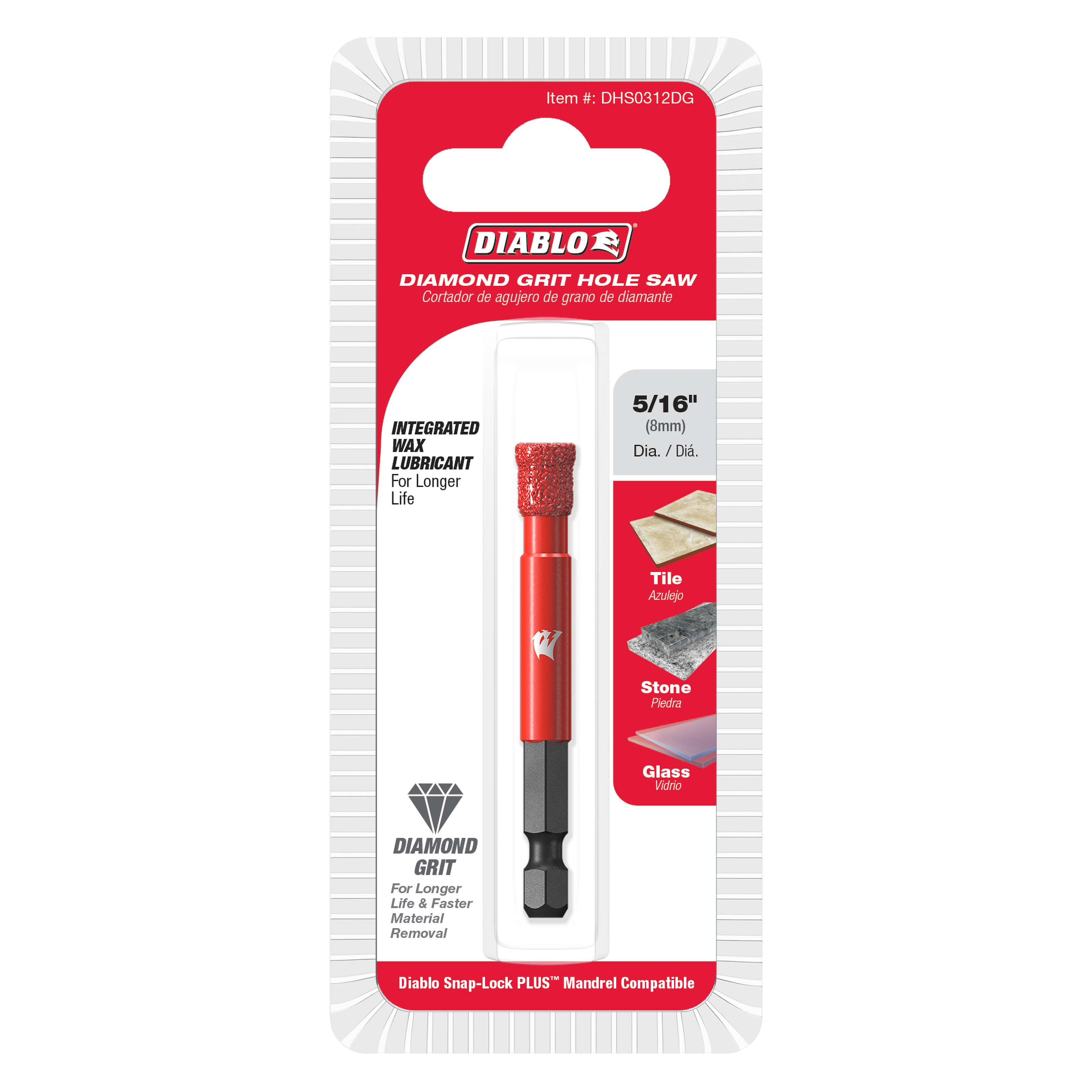 Red and black 5/16 inch diamond grit hole saw with integrated wax lubricant on blister card packaging.