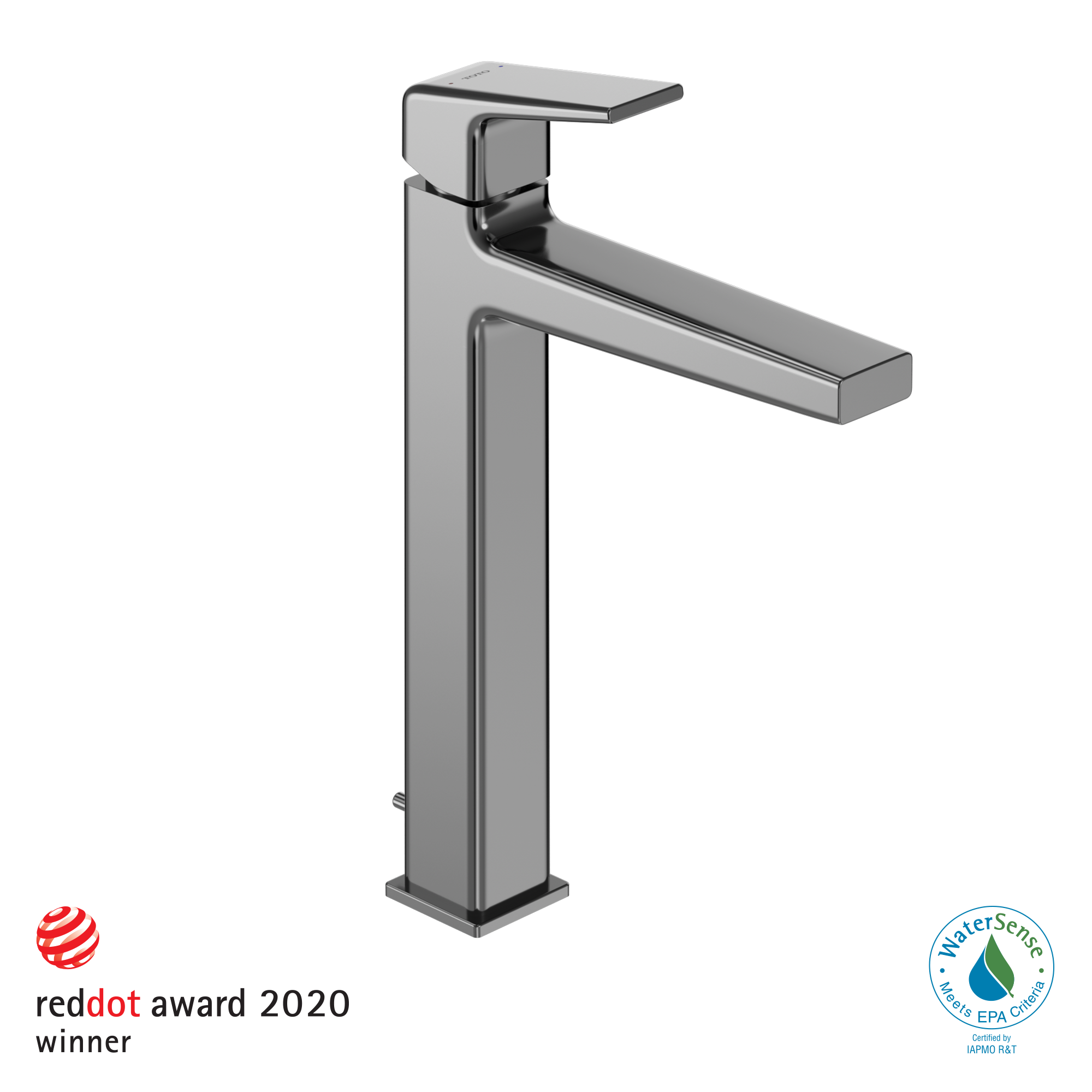 Polished chrome single-handle vessel sink faucet with tall square spout and rectangular base.